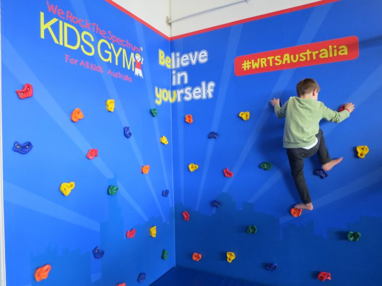 boy climbing we rock wall